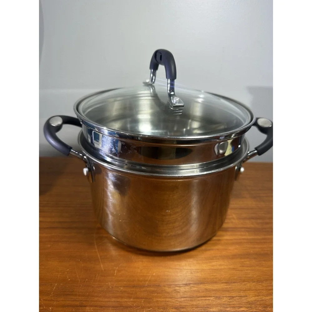 4 Pc TRAMONTINA Tri-Ply Base 3 Quart Stainless Double Boiler / Steamer w/Lid